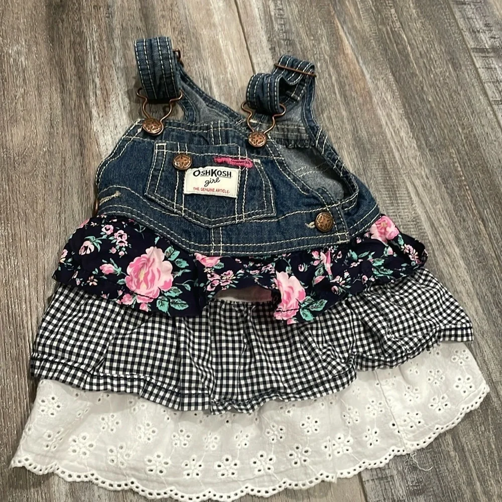 Oshkosh Girls 18 Month Tiered Floral Eyelet Gingham Denim Overall Vestbak Dress